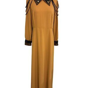 Vintage Mustard Yellow Long Sleeve Maxi Dress With Black Embellished Collar & Cu